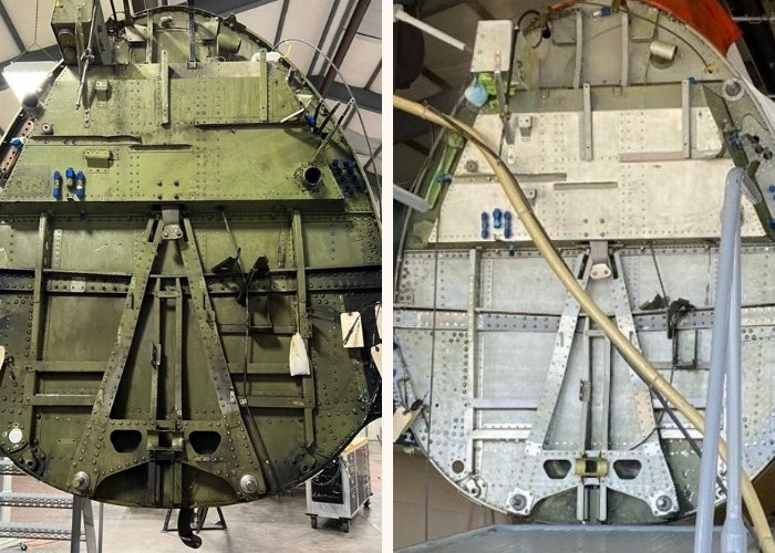 Before and after dry ice blasting of an aircraft fuselage bulkhead, the left side shows decades of zinc chromate primer and corrosion. The right side displays bare aluminum, ready for inspection, and a fresh protective coating.
