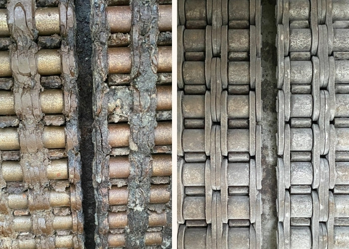 Before and after dry ice blasting of an industrial roller chain, the left side shows links caked with grease, oil, and debris buildup. The right side shows clean chain links with full articulation restored.
