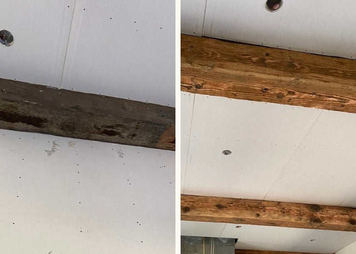 Before and after dry ice blasting of an interior ceiling beam, the left side shows timber darkened by smoke damage and aged finish. The right side displays restored wood grain with natural warmth preserved.