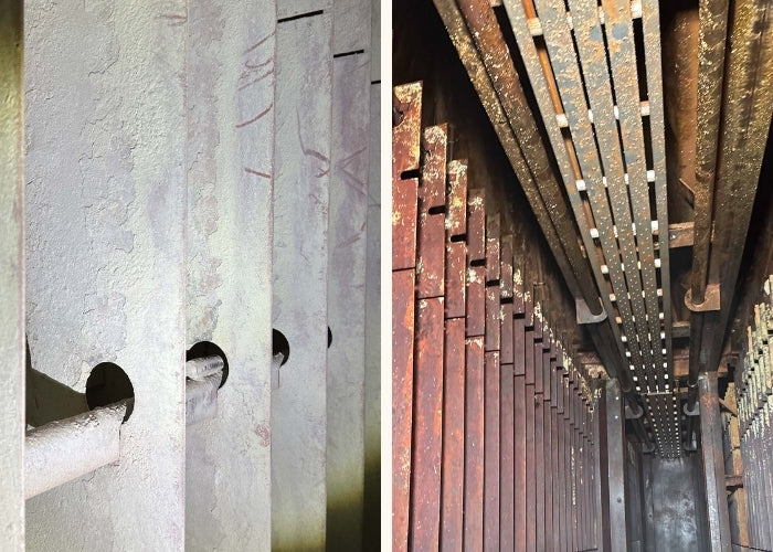 Before and after dry ice blasting of industrial boiler tubes, the left side shows heavy calcium and mineral scale buildup on metal panels. The right side reveals clean heat exchanger slats with deposits removed, restoring thermal efficiency.