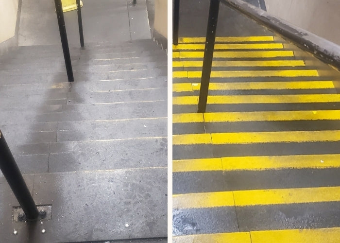 Before and after dry ice blasting of industrial metal stairs. The left side shows worn steps with obscured markings. The right side reveals bright yellow safety striping after grime removal.